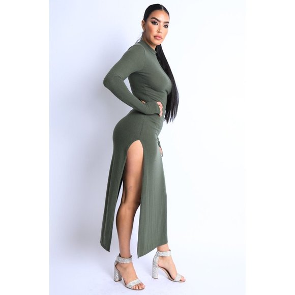 Women's Hacci Mock Neck Long Sleeves Double Slits Maxi Dress Olive S M L - Picture 2 of 10